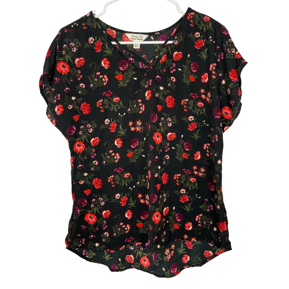 Krazy Kat Women Black Floral Poppy Split V-Neck Cap Sleeve Blouse‎ Top M